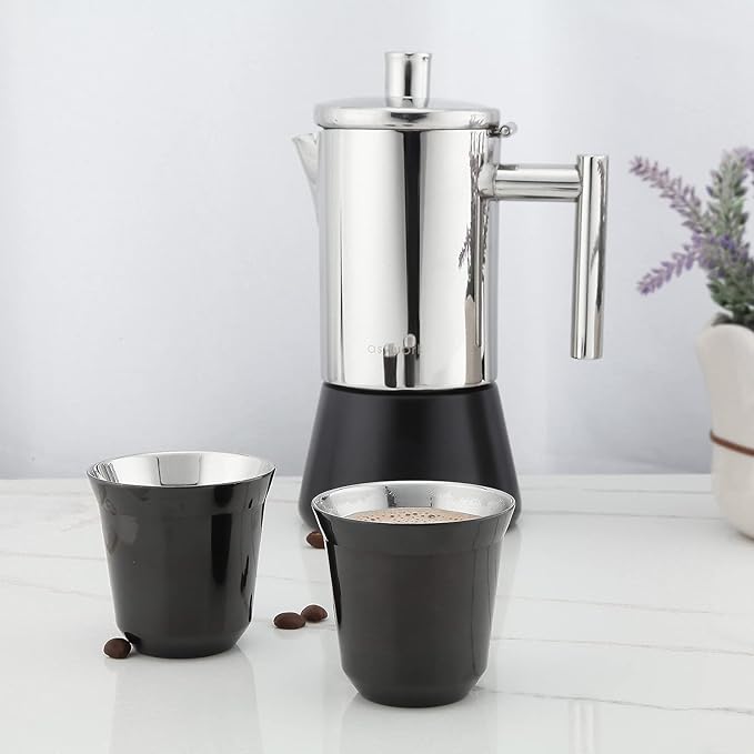 Easyworkz Stainless Steel Espresso Cup 2pcs Set Double Wall 2.5 oz, Bundled Espresso Steaming Pitcher Stainless Steel 15 oz Coffee Frothing Picther Milk Jug Cappuccino Latte Art Cup