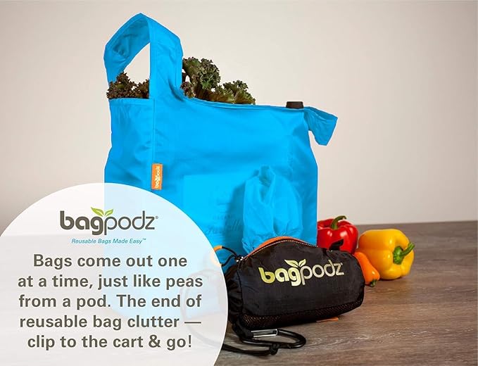 Sturdy Reusable Grocery Bags Foldable and Washable - Made From RipStop Nylon Hold 50lbs - Designed in USA Reusable Shopping Bags Inside a Compact Pod with Carry Clip - 5 Pack in Blue