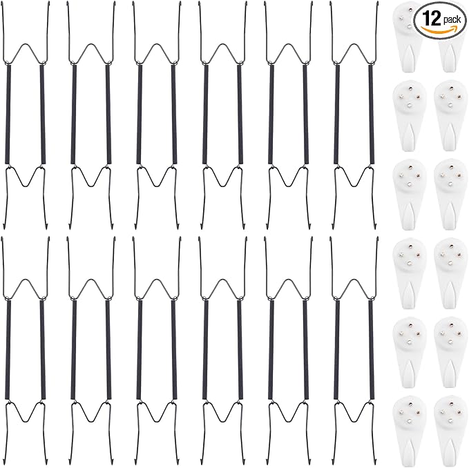 Bilillo 12 Pack Plate Hangers for The Wall, Suitable for 12-16 Inch Decorative Plate,Invisible Heavy Duty Wire Plate Holder with Wall Hooks, Plate Hangers for Displaying Plates, Platter, Dish (Black)