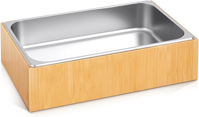 Ice Housing Bin with Removable Tray Ice Holder Container Wine Beer Champagne Drink Bucket Beverage Tub for Freezer Display Buffet Bar Counter Party Drink Chiller(Bamboo and Steel,21" X 13" X 5.5")