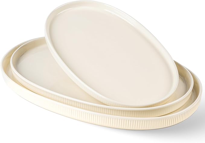 theterra Ceramic Serving Platter, 15.6"/14.4"/12.2" Oval Serving Dishes for Entertaining, Oven Safe, Microwave Safe, Serving Plates Set of 3 for Wedding, Party, Turkey, Beige