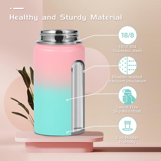 Volhoply 14oz KIds Stainless Steel Insulated Leakproof Water Bottle with Straw Lid and Silicone Boot,BPA-Free Easy Use for Boys&Girls,Double Wall Vacuum Bottles(Pink Green,1)
