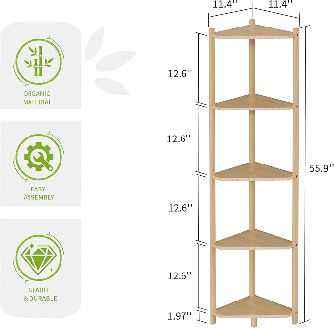 Wisuce Corner Shelf, 100% Real Bamboo Shower Corner Shelves Free Standing Shelf Storage Organizer for Bathroom Living Room Kitchen (Natural, 5 Tier)