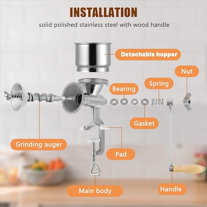 Moongiantgo Hand Grain Mill Manual Coffee Grinder Coarseness Adjustable Stainless Steel Hand Crank Grinding Tool with Table Clamp for Rice Spices Pepper Beans