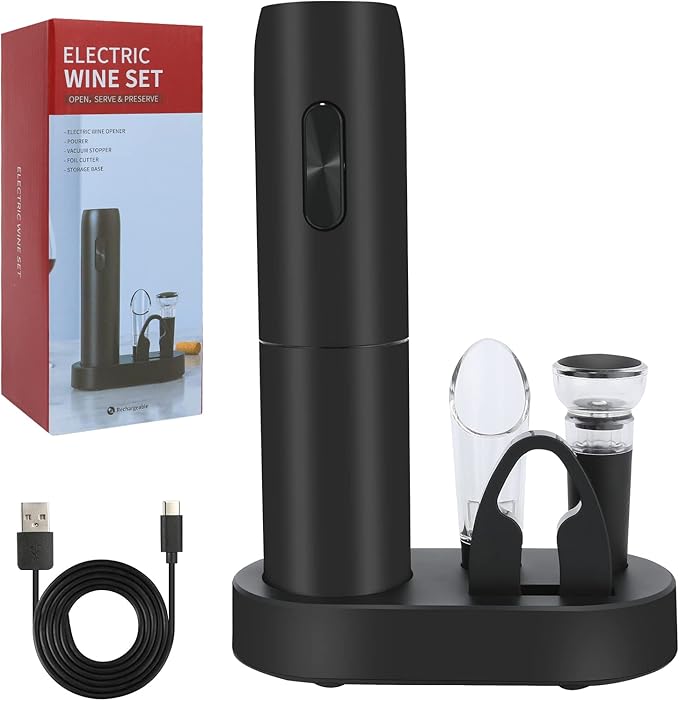 VIDYSUFYR Electric Wine Bottle Opener Set with Charging Base- Black, Automatic Wine Bottle Opener with Led Light, Rechargeable Corkscrew Kit with Aerator，Foil Cutter，Stoppers