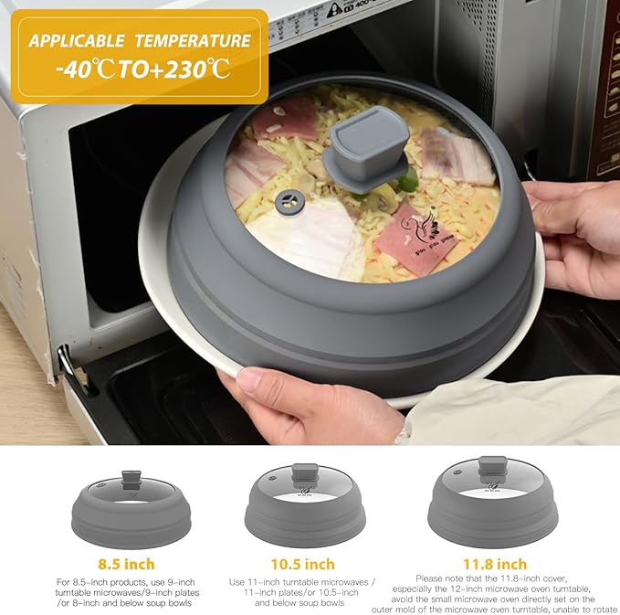 Microwave Splatter Cover Glass Splatter Guard Lid with Collapsible Silicone for Small Bowls Food Plate Cover 8.5 inch Grey