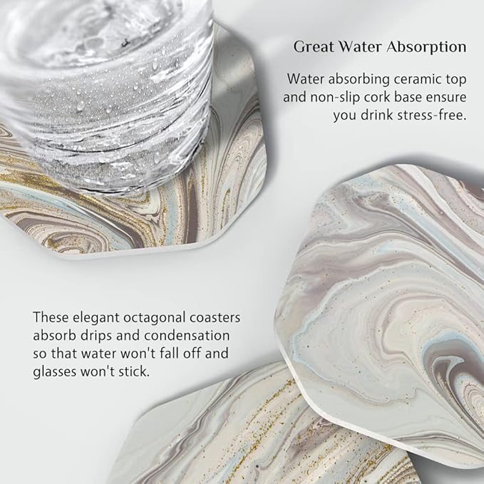 UMIRRO Ceramic Stone Coasters for Drinks Absorbent with Holder for Wooden Coffee Table, Stoneware Cup Coasters for Iced Cold or Hot Drinks, Moisture Socking, Marble Style, 4", Colorful, Gold, 6-Piece