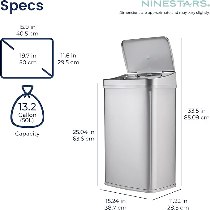 Ninestars 13 Gallon Automatic Trash Can, 50L Touchless Motion Sensor Garbage Can with Odor-Sealing Lid, Rectangular Stainless Steel, Silver Trim