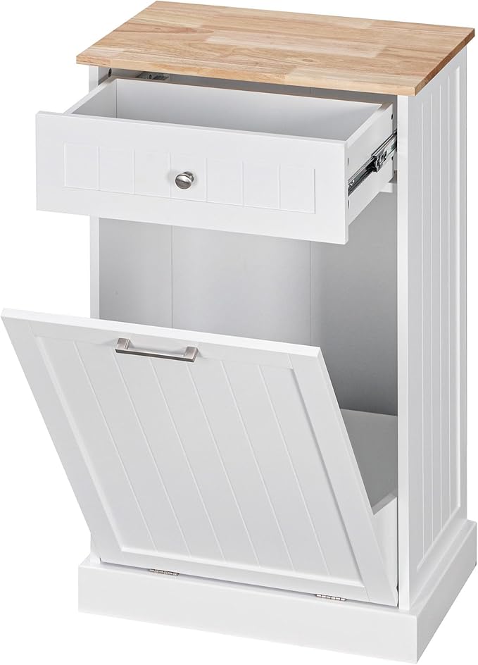 HRVEOCEI Single Tilt Out Trash Can Cabinet for 10 Gallon, Trash Can Holder Cabinet with Drawer, Farmhouse Garbage Cabinets for Kitchen Living Room, Easy to Clean (White + Wood)