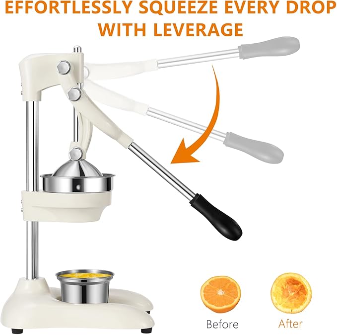 TONGCHANT Cast Iron Juicer, 19" Tall Heavy Duty Citrus Press with Dual Pattern | Manual Juicer for Orange Lemon Pomegranate, Easy to Clean, Stainless Steel Cup, White