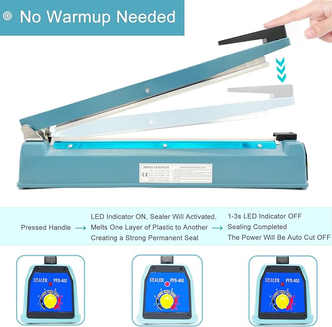 Impulse Sealer 16 inch Heat Sealer for Plastic Bags, Metal Plastic Bag Sealer Heat Seal, Mylar Bag Sealer, Manual Poly Bag Hot Seal Sealing Machine with 4 Repair Kit(2 Cutting Lines Included)