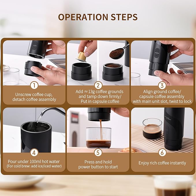 Magnavox HOME Portable Espresso Coffee Maker (Grounds or Pods) with Fast Brew Technology & Single Touch Control, Ideal for Offices or Travel
