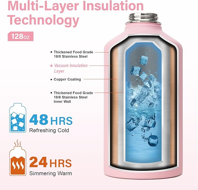 DYSANKY 1 Gallon Water Bottle Insulated | Thickened Stainless Steel Vacuum Metal Water Jug | Portable Sports Large for Gym and Hiking with Straw, Carrier Bag, Handle Strap | BPA-Free 128 oz