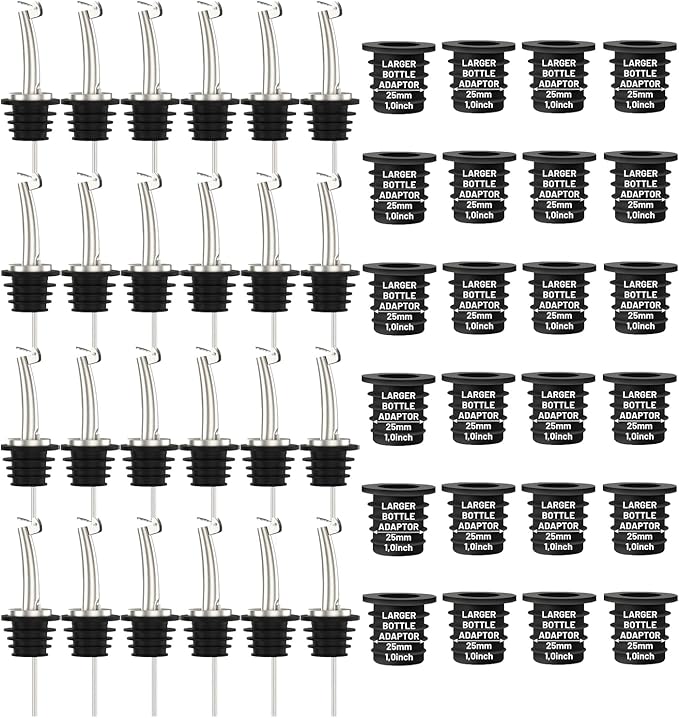 24-Pack Auto Flip Liquor Bottle Pourers with Adapters, Liquor Pour Spout Adapters set for for Large Olive Oil Bottles and Liquor Bottles - Up to 1 Inch/25mm Neck Converts Spout into Large Pour Spout
