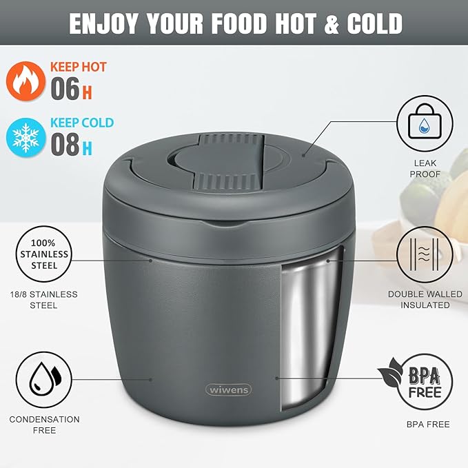 wiwens Thermo Food Jar for Hot Food Adults 32OZ Soup Thermo Lunch Containers Wide Mouth Vacuum Insulated Stainless Steel Leakproof Bento Box with Spoon (Grey)