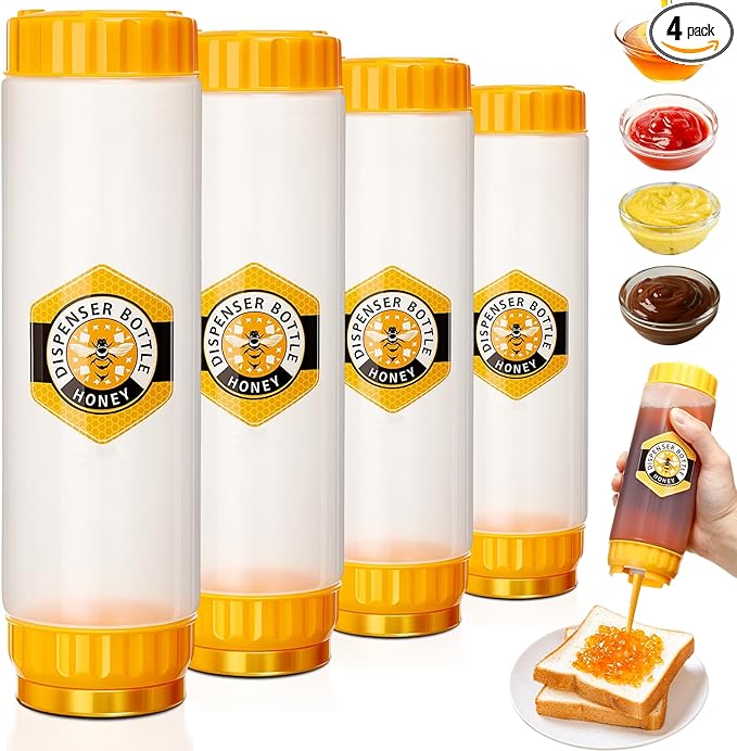 SiliFine 4 Pcs Honey Dispenser No-drip with Lid, Honey & Syrup Squeeze Bottle, Refillable Condiment Bottle Bpa-free, More Hygienic for Sauces Ketchup Kitchen Pancakes Salad Dressings (24 oz)