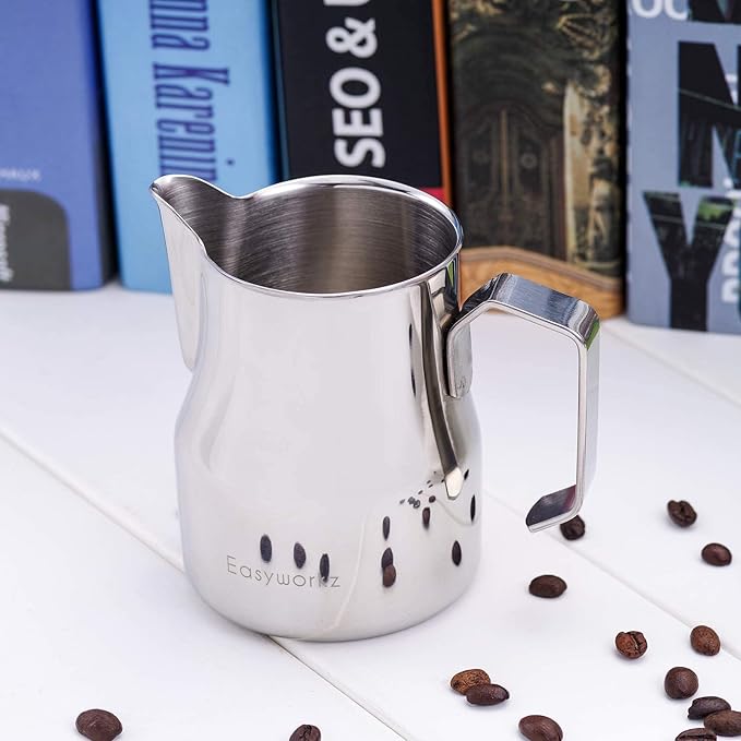 Easyworkz Stainless Steel Espresso Cup 2pcs Set Double Wall 2.5 oz, Bundled Espresso Steaming Pitcher Stainless Steel 12 oz Coffee Frothing Picther Milk Jug Cappuccino Latte Art Cup