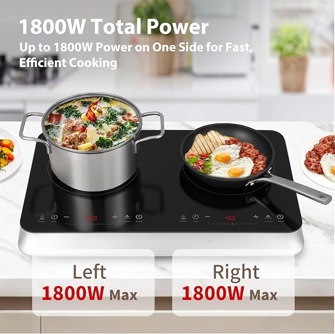 COOKTRON Double Induction Cooktop Burner with Fast Warm-Up Mode, 1800w 2 Burner with 10 Temperature 9 Power Settings, Portable Dual Induction Cooker Cooktop with Child Safety Lock & Time