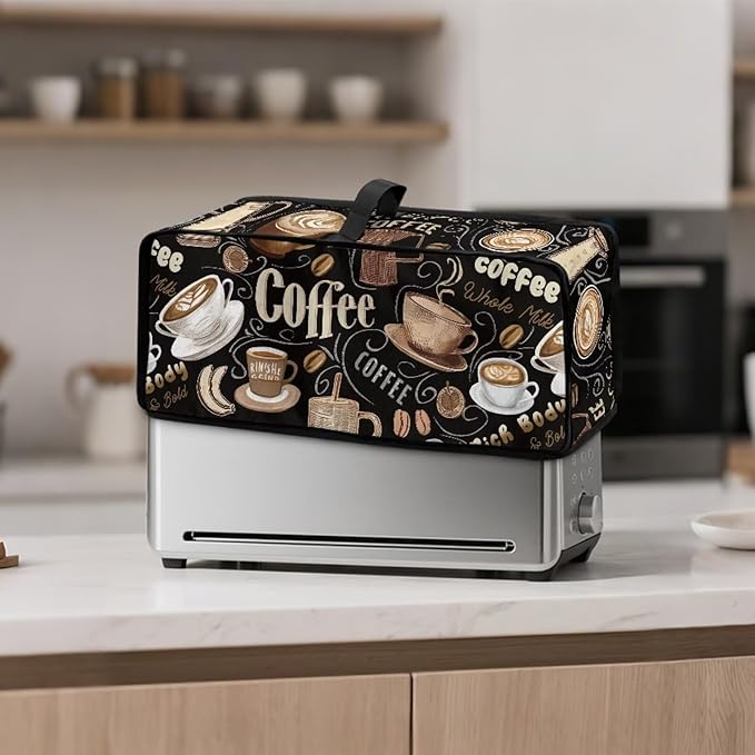 Toaster Cover 2 Slice Black Coffee Theme Cover for 2 Slice Slim Toaster Easy to Fold and Carry Small Appliance Covers, Dustproof & Water-Resistant, Easy to Clean