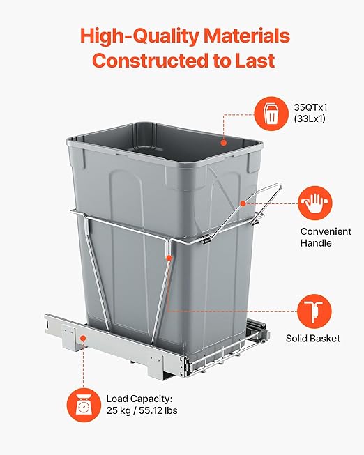 VEVOR Pullout Trash Can for Kitchen Cabinets, 35 QT Garbage Waste Recycling Bin, Under Mount Waste Container, with Heavy Duty Metal Full Extension Sliding System and Handle, for Sink, Under Counter