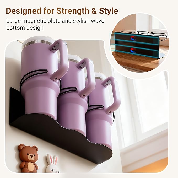 Magnetic Cup Holder for Fridge, 2 Pack Water Bottle Organizer for Stanley Cup Accessories 20/30/40 oz, Wall Mount Tumbler Organizer for Space-Saving Kitchen Pantry Cabinet Storage-Black