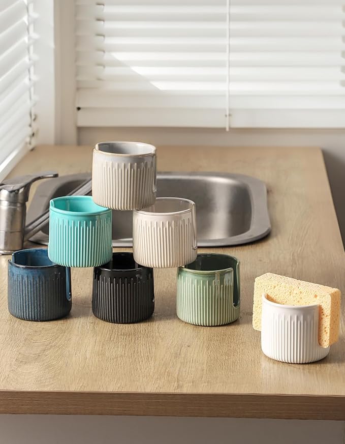 Ceramic Sponge Holder for Kitchen Sink, Scrub Sponge Dish Rack, Farmhouse Compact Sink Caddy Organizer, Glazed Blue