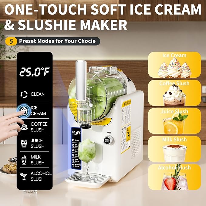 2 IN1 Soft Ice Cream Maker Slushie Machine for Home - 88oz Slushy Machine Maker No Ice Needed Self Cleaning, Frozen Drink Machine for Slushie, Margarita, Frappés, Milkshake