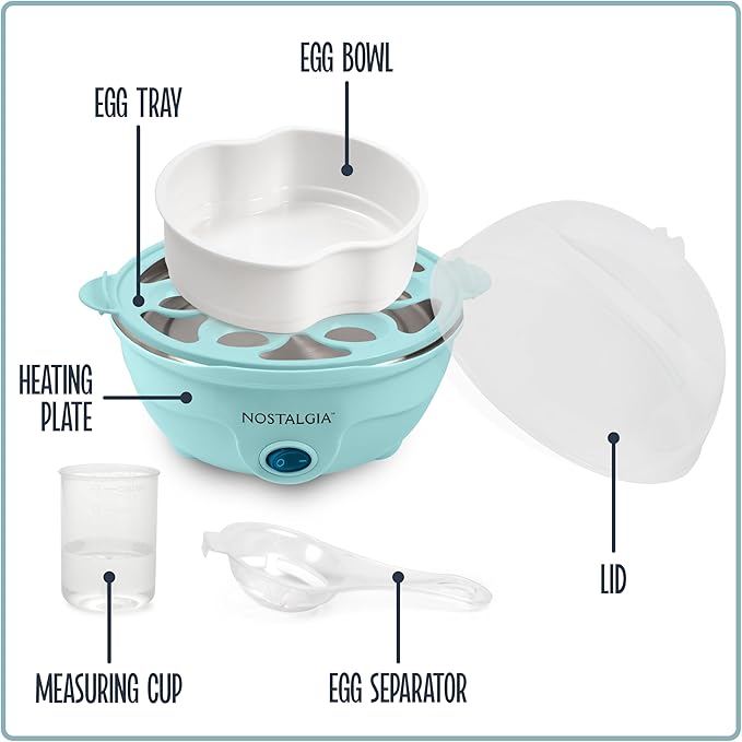Nostalgia Retro Electric Large Hard-Boiled Egg Cooker, 7 Capacity, Poached, Scrambled, Omelets, Whites, Sandwiches, for Keto & Low-Carb Diets, Aqua