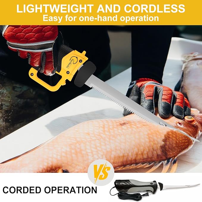 Electric Fillet Knife for Fish with 4 Stainless Steel Blades & Ergonomic Non-Slip Grip Handle, Cordless Electric Knife with 2 Rechargeable Batteries, Charger and Case for Fishing