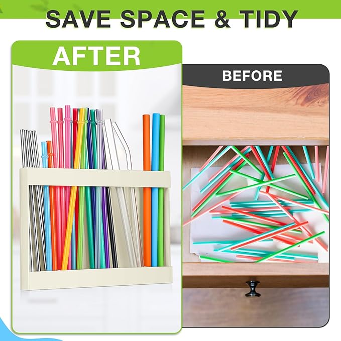 Qinyoung Acrylic Straw Holder for Cabinet Door with Double Sided Adhesive Tape Reusable Straw Organizer Tumbler Storage Kitchen Accessories Container for Counter Cupboard(Classic,Large,Milky Yellow)