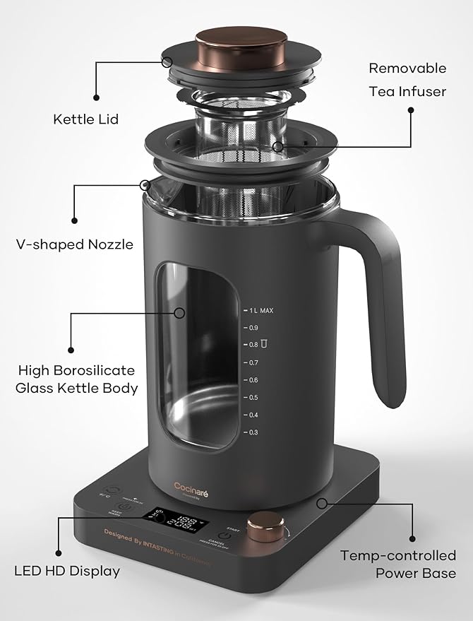Electric Tea Kettle, INTASTING Glass Electric Kettle with tea Infuser and Precise knob temperature control, 1200W Fast Heating, BPA-Free, Easy to Clean, 1 Liter (Dark Gray)