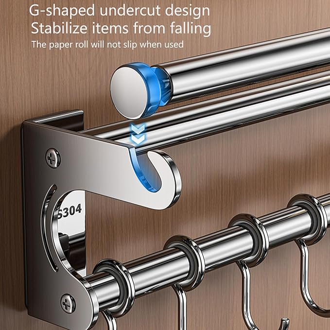 Hanging Wall Mount knife Wall Mount, Space-Saving Knife Rack with Hooks, Kitchen Organizer Storage Shelf for Utensils Spatula Spoon, Kitchen Utensil Hanger (Silver, 50CM+10Hooks)