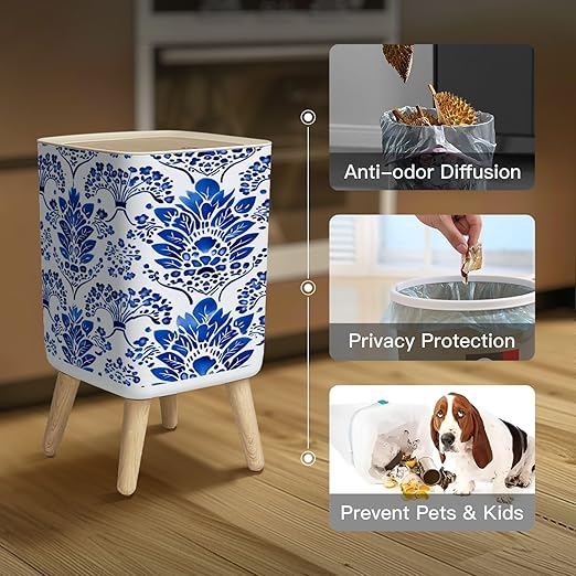 Small Trash Can with Lid porcelain seamless pattern Floral ornament watercolor blue white Wastebasket with Press Cover Dog Proof Garbage Can Waste Bin for Kitchen Bathroom Nursery 2.6 Gallon