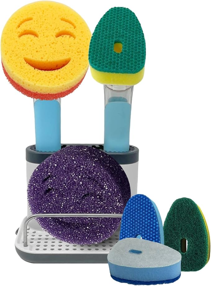 The Original Smiling Handle with Soap Dispensing for Scrub Daddy (Reg. TM) Sponges and Scrub Moji Sponge with Smilyeez Caddy, Dishwand, and 2 Scrub Mojis (Light Blue)