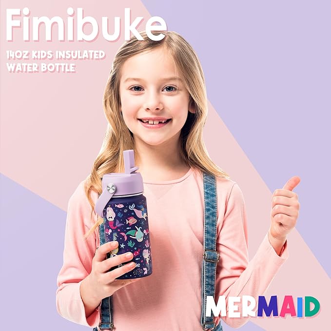 Fimibuke Kids Insulated Water Bottle, 14oz BPA FREE Double Wall Vacuum Tumbler 18/8 Stainless Steel Leak Proof Kids Cups with Straw Metal Water Bottle for School Boy Girl (2 Pack, RAINBOW/MERMAID)