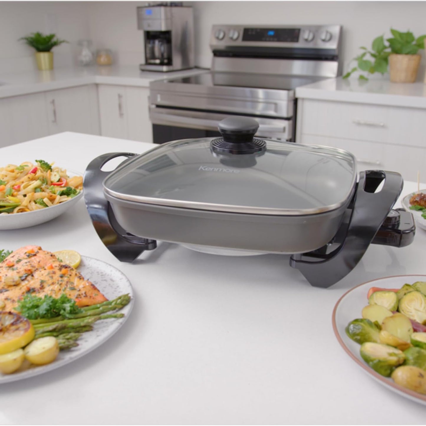 Kenmore Electric Skillet - Nonstick Frying Pan With Removable Glass Lid, Grill, Saute, Roast Chicken, Cook Pancake, 12x12" Temperature Control Easy Clean Countertop Kitchen Appliance