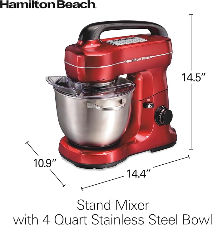 Hamilton Beach Electric Stand Mixer, 4 Quarts, Dough Hook, Flat Beater Attachments, Splash Guard, 7 Speeds with Whisk, Easy-Carry Top Handle, Red