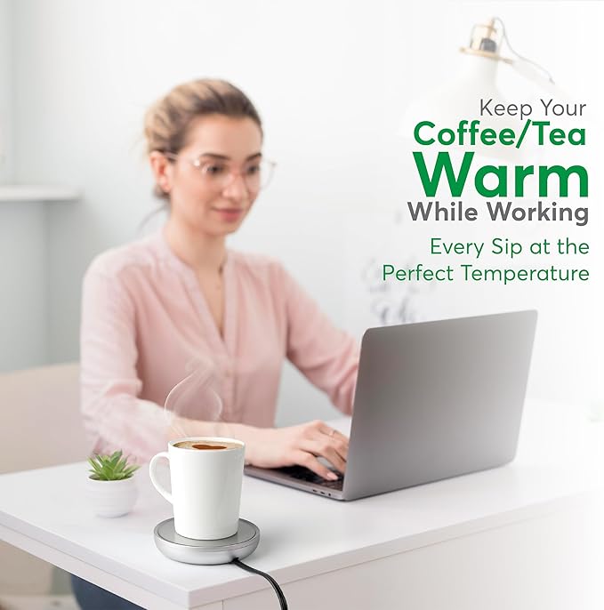 Coffee Mug Warmer with Auto Shut-Off – Compact 17W Cup Warmer for Desk with Gravity Switch – Electric Candle Warmer Plate for Jar Candles – Keeps Coffee, Tea & Drinks Warm – Safe & Durable (Silver)