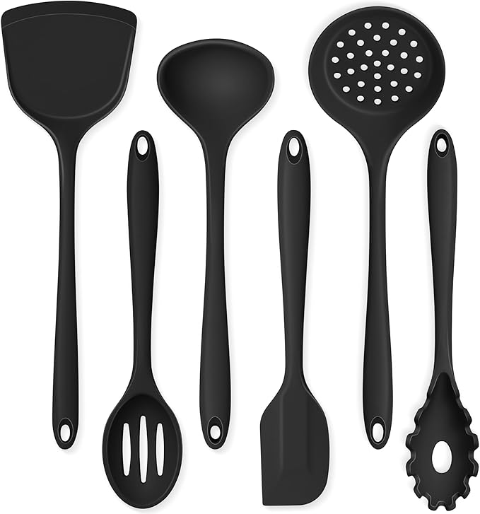 Onader Cooking Utensils Set of 6, Black Silicone Kitchen Cooking Utensils Set for Nonstick Cookware, Non Toxic & Dishwasher Safe