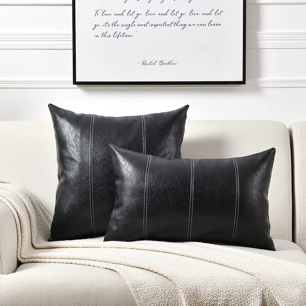 Fancy Homi Black Long Lumbar Faux Leather Decorative Throw Pillow Covers 12x24 Inch for Living Room Couch Bed Sofa, Boho Farmhouse Home Decor, Hand Stitched Rectangle Cushion Case 30x60 cm