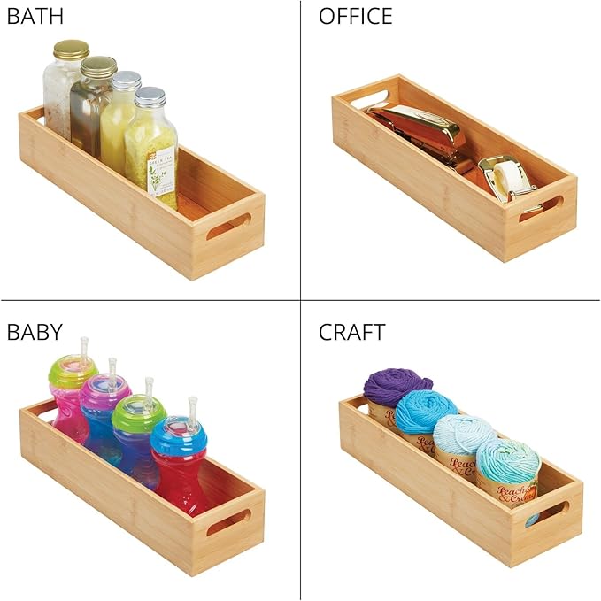 mDesign Slim Bamboo Kitchen Cabinet & Fridge Drawer Organizer Tray - Storage Bin for Cutlery, Serving Spoons, Cooking Utensils, Gadgets - 4.6" Wide - Natural Wood Finish