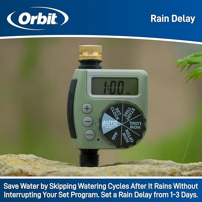 10-Pack (10 Total Timers) Orbit One Outlet Single-Dial Hose Faucet Timer - Easy Programmable - for Garden Watering System - LCD Hose Timer with Adjustable Watering Schedule - 62056