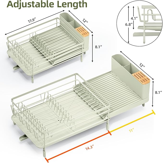 Urackify Large Dish Drying Rack, Expandable Dish Racks for Kitchen Counter, Multifunctional Dish Drainer with Utensil Holder & Cup Holder, 18.5"-26.7" L x 12.7" W, Soft Celery Green