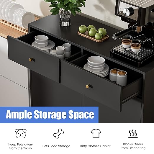 Housoul Double Tilt Out Trash Can Cabinet, Trash Storage Cabinet with 2 Drawers, Hidden Garbage Bin, Free Standing Laundry Sorter Organizer for Kitchen Dining Living Room, Bathroom, Black
