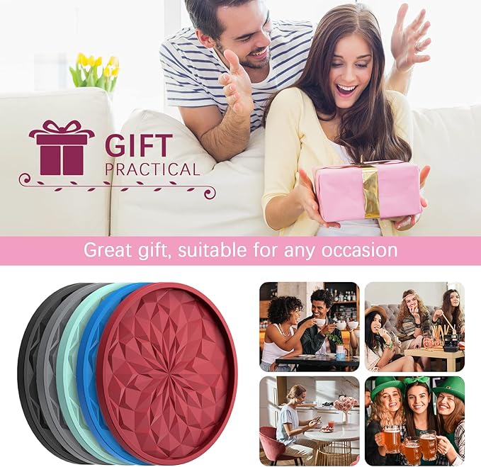 ME.FAN Silicone Coasters with Holder,[6 Pack] Drinking Coasters - Cup Mat for Hot or Cold Drinks, Thickened, Non-Slip, Non-stick,Deep Tray Dark Purple