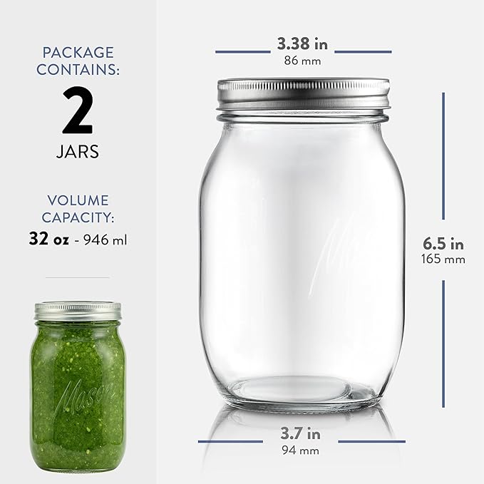 Paksh Novelty Wide Mouth Mason Jars With Lids 32 oz – Glass Quart Mason Canning Jars, Large Mason Jar Wide Mouth for Canning, Pickling, Jelly Preserving & Meal Prep, 2-Pack