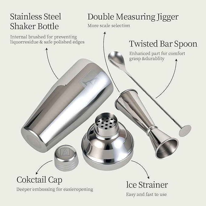 24oz Cocktail Shaker Set with 1 oz 2oz Jigger - Monogramm Initials Martini Shaker Set - 304 Stainless Steel Bar Shaker for Margarita,Mojito-Personalized Gift for Friend,Husband-E