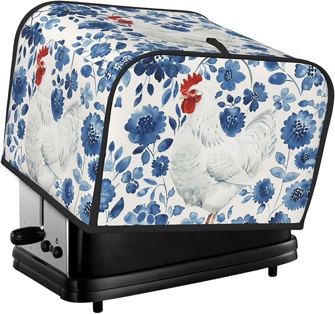 White Rooster On Blue Covers for 4 Slice Toasters,Cute Country Bread Machine Cover with Handle,Washable Stain Resistant Kitchen Small Appliance Cover Dining Decor