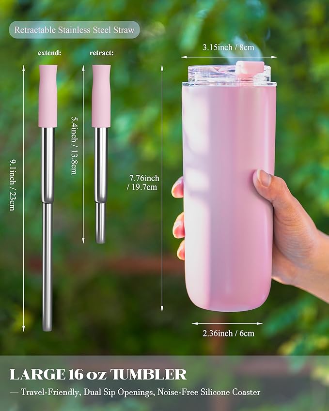 6 Pack 16 oz Insulated Coffee Tumblers, Travel Coffee Tumblers with Straw, Double-Wall Stainless Steel Tumbler, Leak Proof Tumbler, Reusable Cups with Lids for lced and Hot Drinks