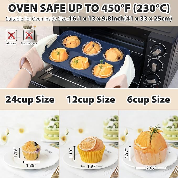 2 Pack Jumbo Silicone Muffin Pan with Metal Frame, Non Stick Silicone Cupcake Pan with Handles 6 Cup, BPA Free Silicon Muffin Tin Tray Extra Large for baking, egg bites, Cupcake Mold Grey